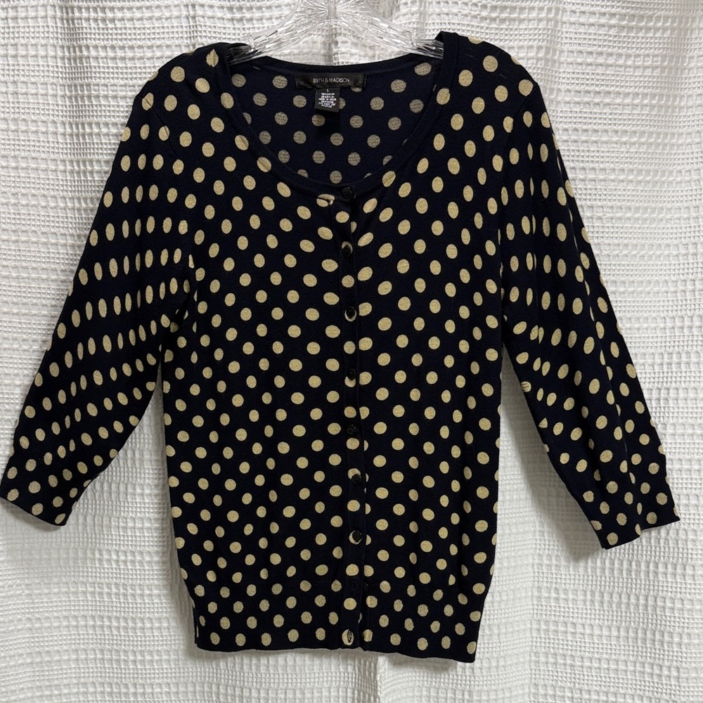 89th & Madison Navy/Gold Polka Dot cardigan Sweater SZ L work business layer EUC